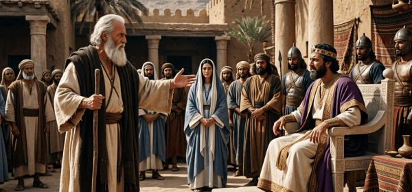 Elder addressing a seated ruler before a gathered crowd