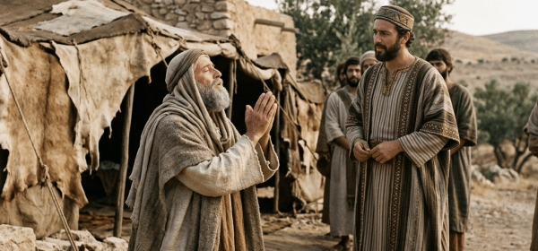 Elder kneeling in prayer before a traditionally dressed man near a desert shelter