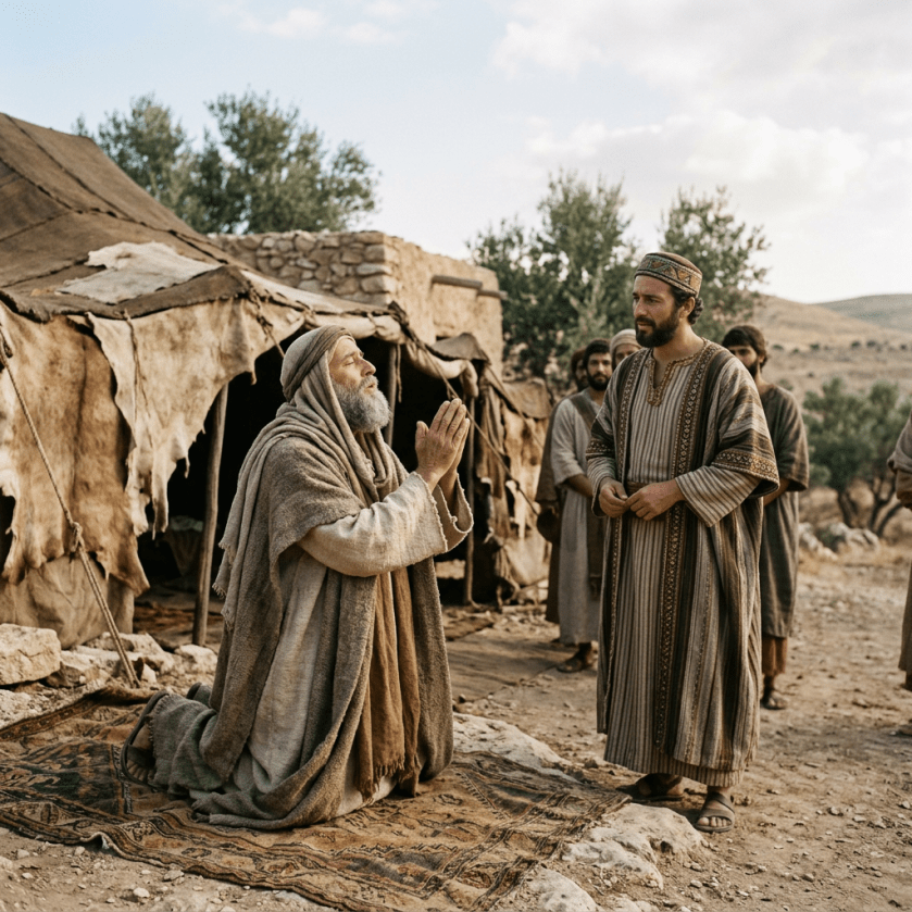 Elder kneeling in prayer before a traditionally dressed man near a desert shelter