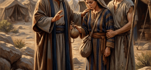 A robed man gestures beside a woman and boy in a desert camp