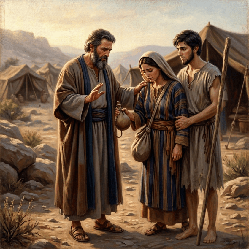 A robed man gestures beside a woman and boy in a desert camp