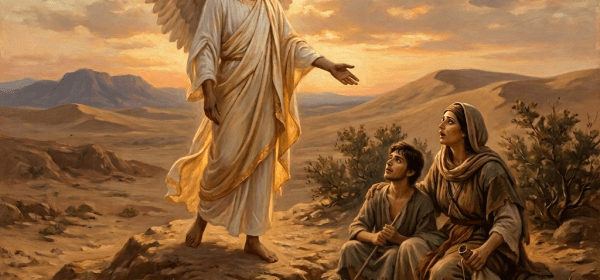 Winged angel gesturing toward a seated mother and child in desert