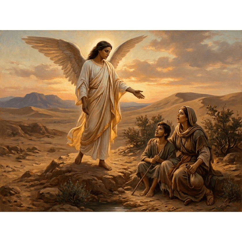Winged angel gesturing toward a seated mother and child in desert