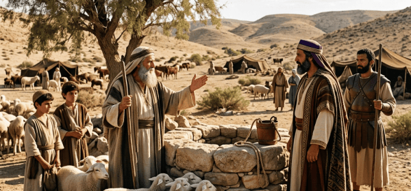 Shepherds and sheep beside a stone marked באר שבע