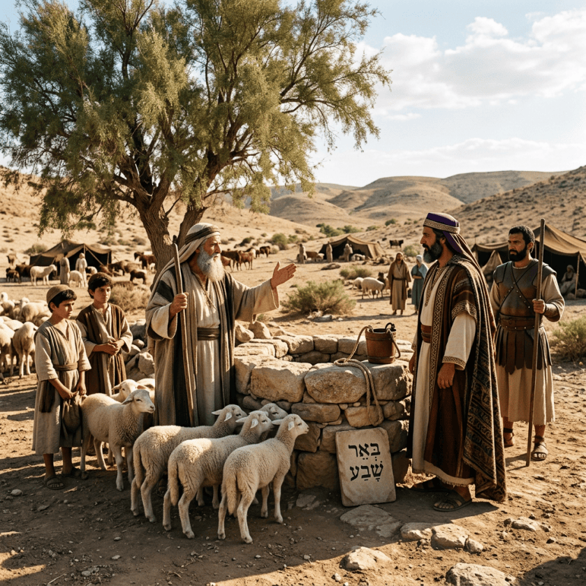 Shepherds and sheep beside a stone marked באר שבע