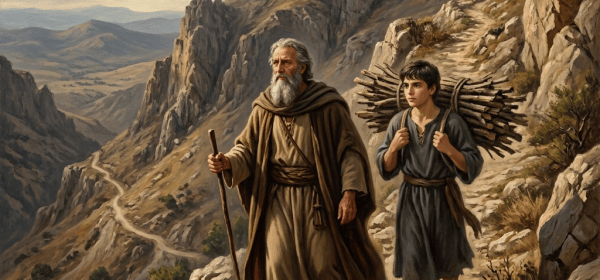 Older bearded man and boy carrying firewood along a rocky mountain trail