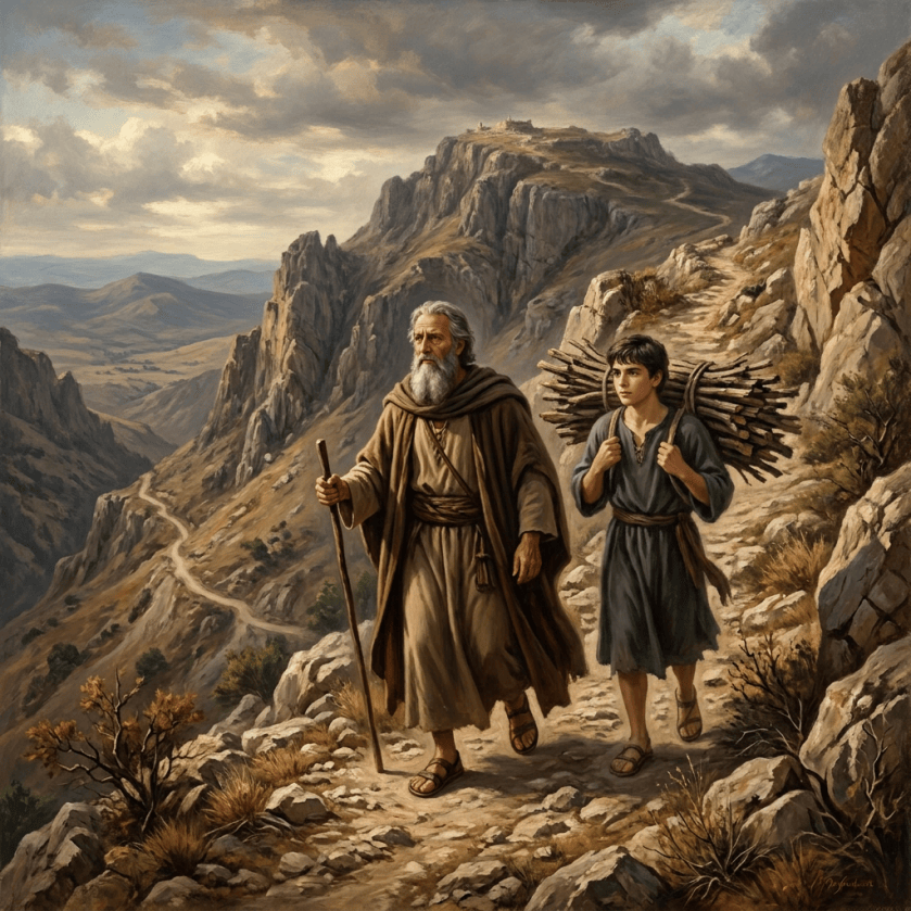 Older bearded man and boy carrying firewood along a rocky mountain trail