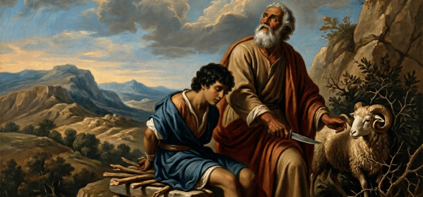 Angel stopping Abraham from sacrificing Isaac beside a ram, labeled Genesis 22