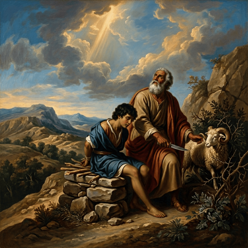 Angel stopping Abraham from sacrificing Isaac beside a ram, labeled Genesis 22