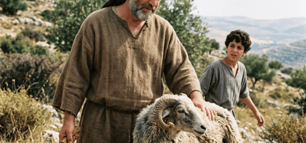 A robed man, boy, and ram beside a stone altar