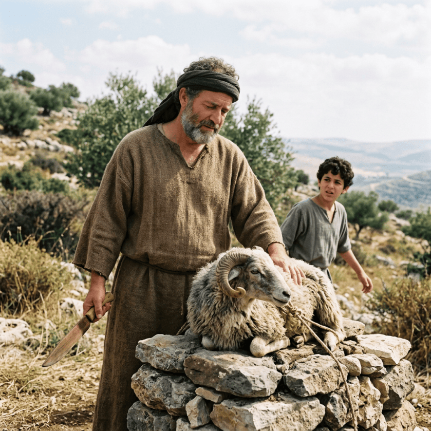 A robed man, boy, and ram beside a stone altar