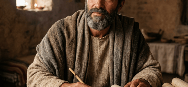 Bearded scribe writing on a parchment scroll at a wooden table
