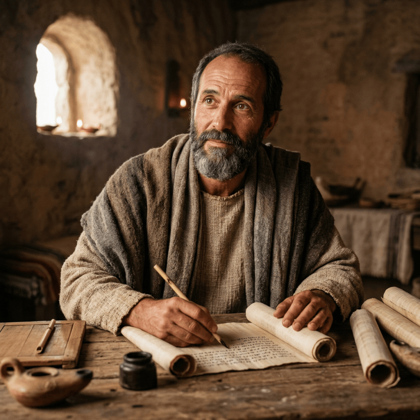 Bearded scribe writing on a parchment scroll at a wooden table