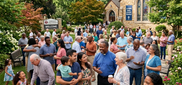 Community Bible Church welcome sign and Loving God, Loving People sign beside congregation