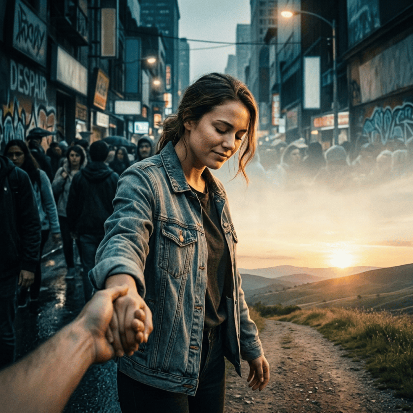 Woman leading someone from a city marked despair toward a sunny mountain path; text reads “delivered from this present evil age.”