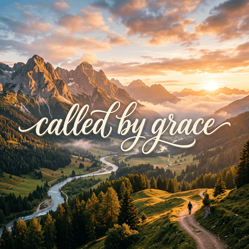 Mountain valley with river, hiker, sunset, and text reading “called by grace”