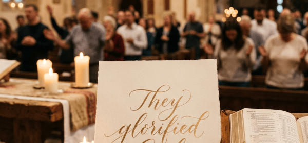 Church congregation worshiping behind candles, an open Bible, and sign reading “They glorified God”
