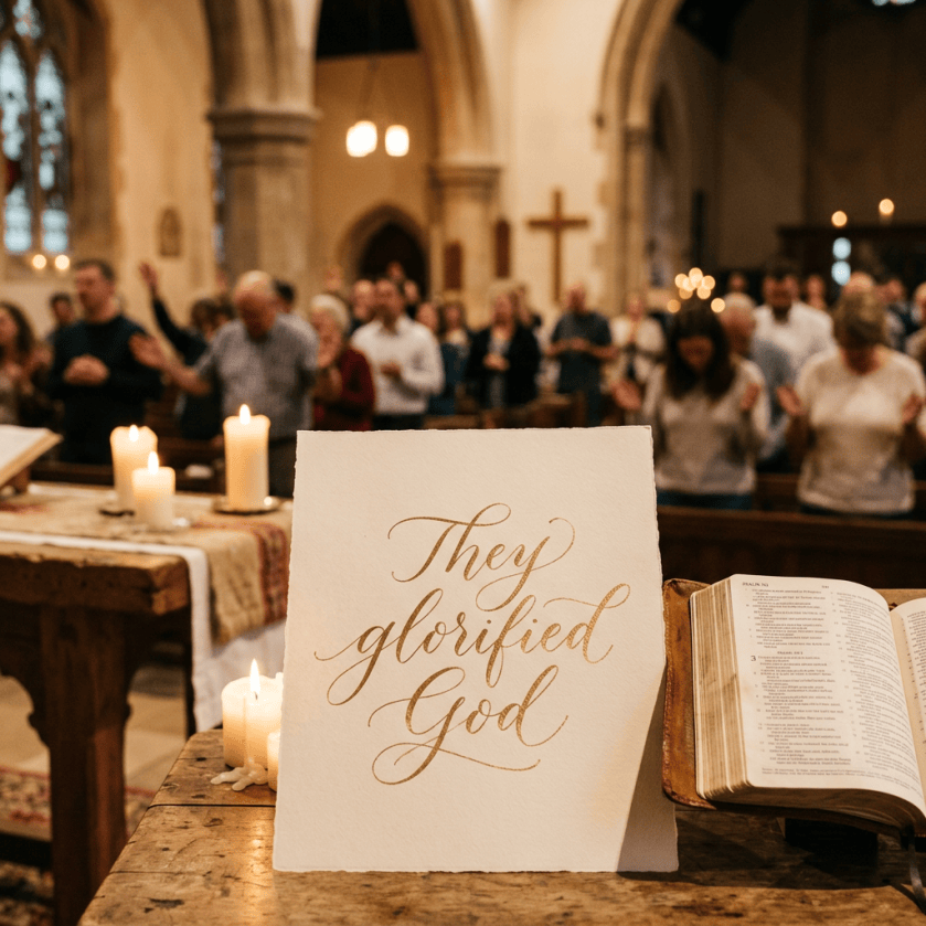 Church congregation worshiping behind candles, an open Bible, and sign reading “They glorified God”