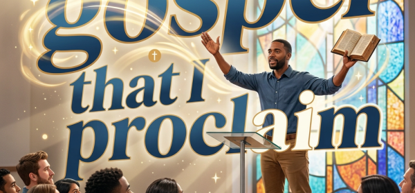 Illustration reading “The gospel that proclaims” with a speaker holding a Bible before a congregation