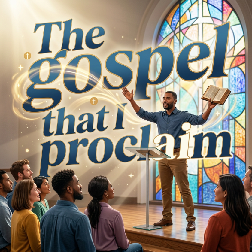 Illustration reading “The gospel that proclaims” with a speaker holding a Bible before a congregation