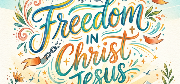 Illustrated lettering reads “Freedom in Christ Jesus,” surrounded by birds and nature.