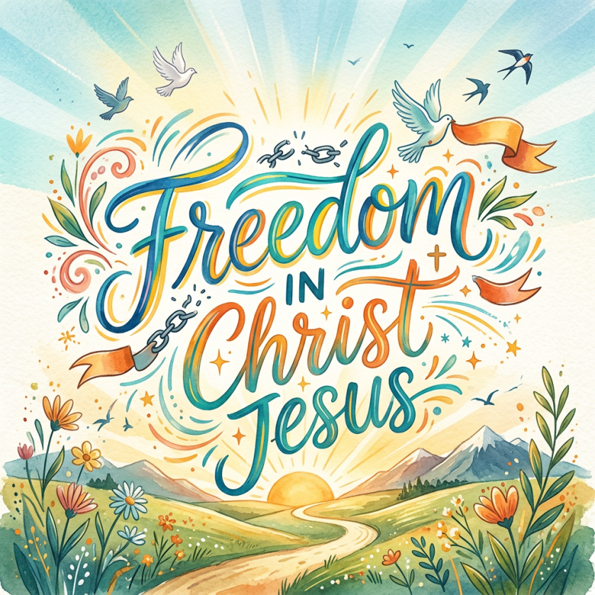 Illustrated lettering reads “Freedom in Christ Jesus,” surrounded by birds and nature.