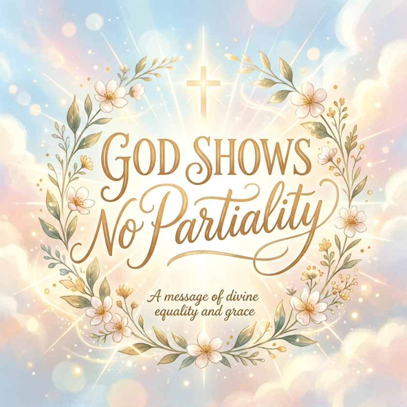 Floral Christian graphic reading “God Shows No Partiality,” Acts 10:34