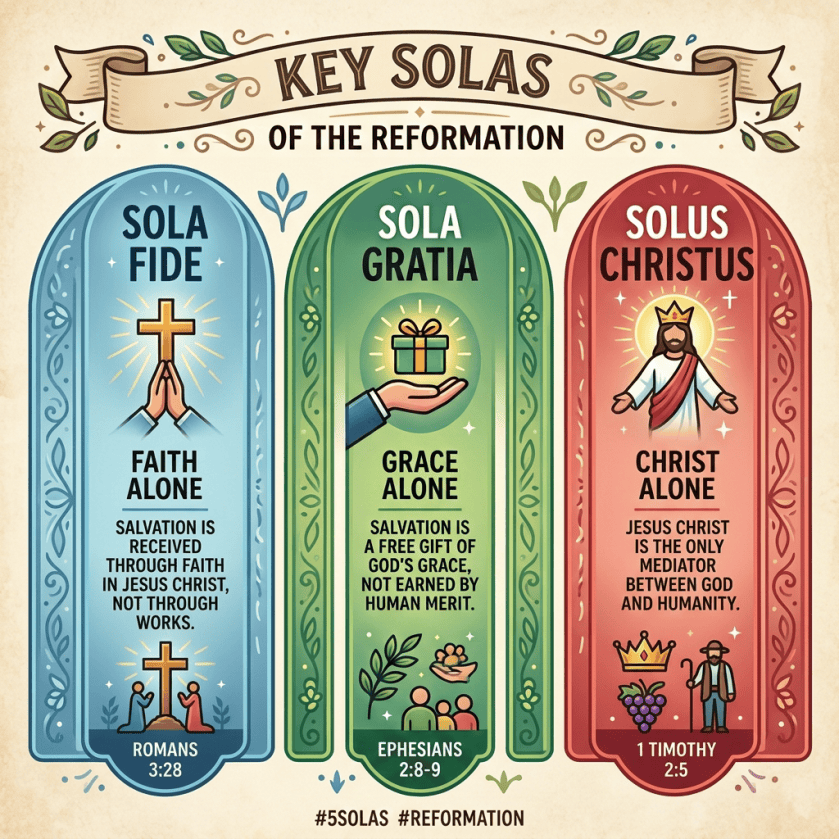 Key Solas of the Reformation: Sola Fide, faith alone—salvation is received through faith in Jesus Christ, not through works; Romans 3:28. Sola Gratia, grace alone—salvation is a free gift of God's grace, not earned by human merit; Ephesians 2:8–9. Solus Christus, Christ alone—Jesus Christ is the only mediator between God and humanity; 1 Timothy 2:5. #5Solas #Reformation.