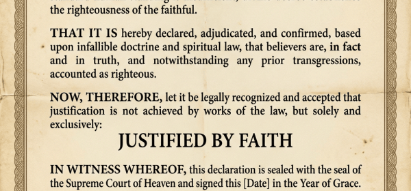 Certificate of Justification declaring believers righteous and justified by faith, with witness signatures and a red cross seal.