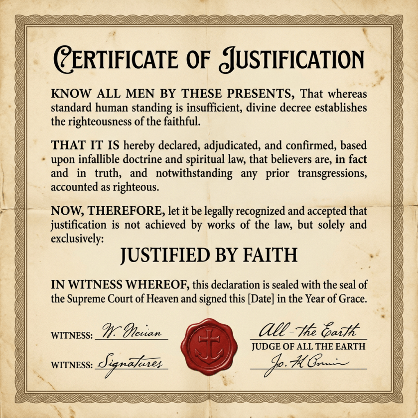 Certificate of Justification declaring believers righteous and justified by faith, with witness signatures and a red cross seal.