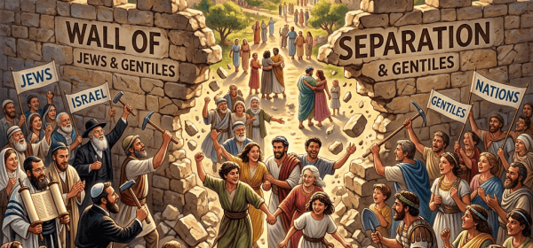 Illustration with text: ONE NEW MAN, RECONCILIATION, UNITY IN MESSIAH, WALL OF JEWS & GENTILES, SEPARATION & GENTILES, JEWS, ISRAEL, NATIONS, GENTILES.