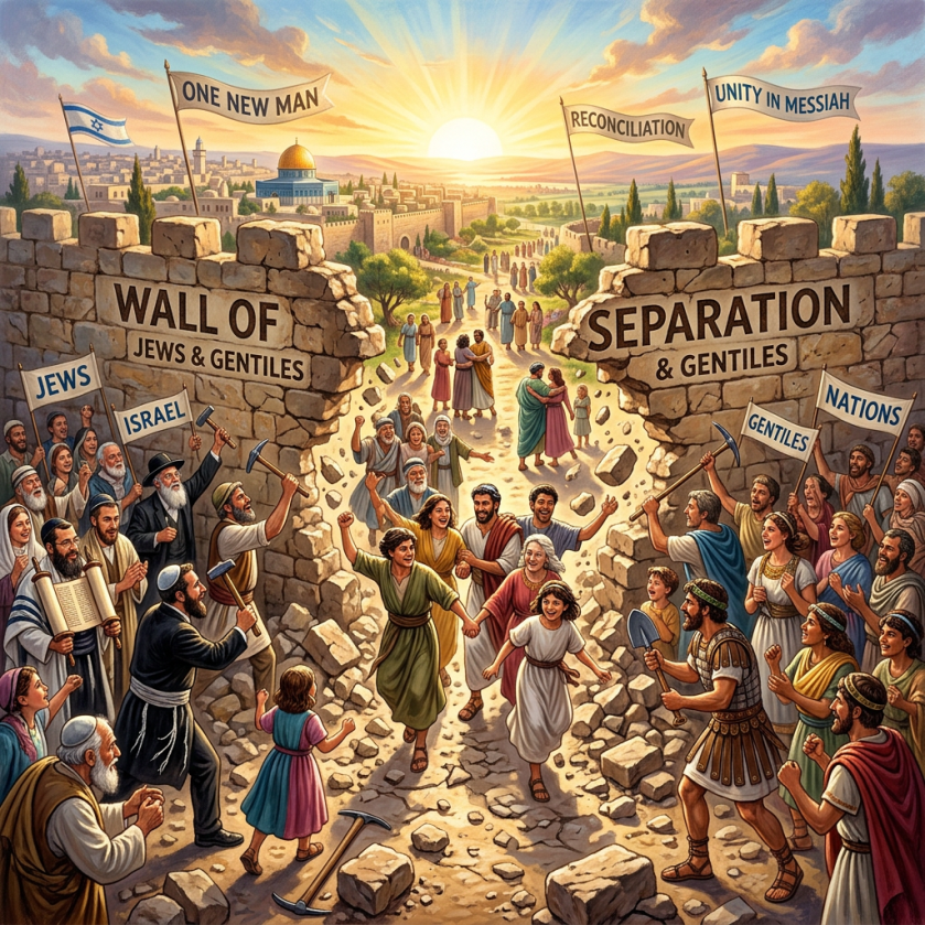 Illustration with text: ONE NEW MAN, RECONCILIATION, UNITY IN MESSIAH, WALL OF JEWS & GENTILES, SEPARATION & GENTILES, JEWS, ISRAEL, NATIONS, GENTILES.