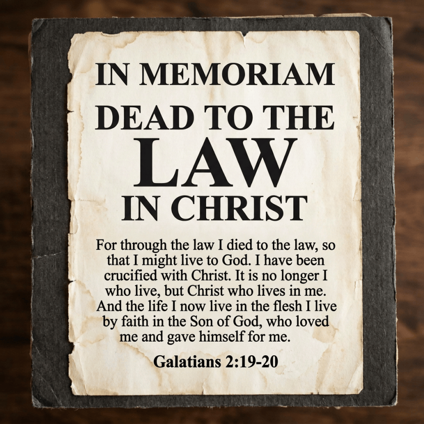 Parchment reads: IN MEMORIAM; DEAD TO THE LAW IN CHRIST; This is to certify that we are crucified with Christ, and it is no longer I who live, but Christ lives in me; and the life which I now live in the flesh I live by faith in the Son of God, who loved me and gave Himself for me. Romans 7:4; The old nature has passed away. Behold, all things have become new. 2 Corinthians 5:17; Galatians 2:20.