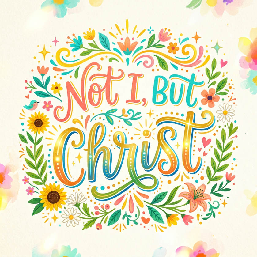 Floral illustration with the text “Not I, But Christ”