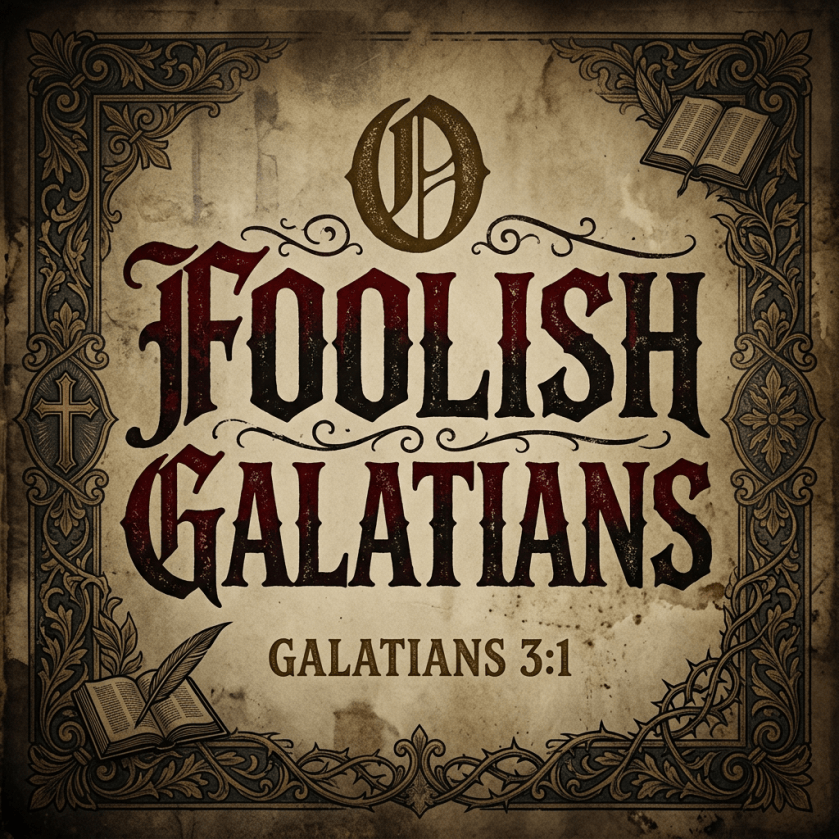 Ornate vintage artwork reading “Foolish Galatians” and “Galatians 3:1”