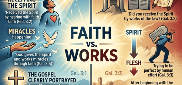 Infographic titled “Contrasting Faith & Works (Galatians 3:1–5)” comparing faith and works, with biblical quotations and illustrations.