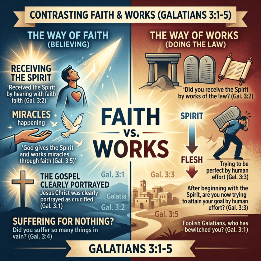 Infographic titled “Contrasting Faith & Works (Galatians 3:1–5)” comparing faith and works, with biblical quotations and illustrations.