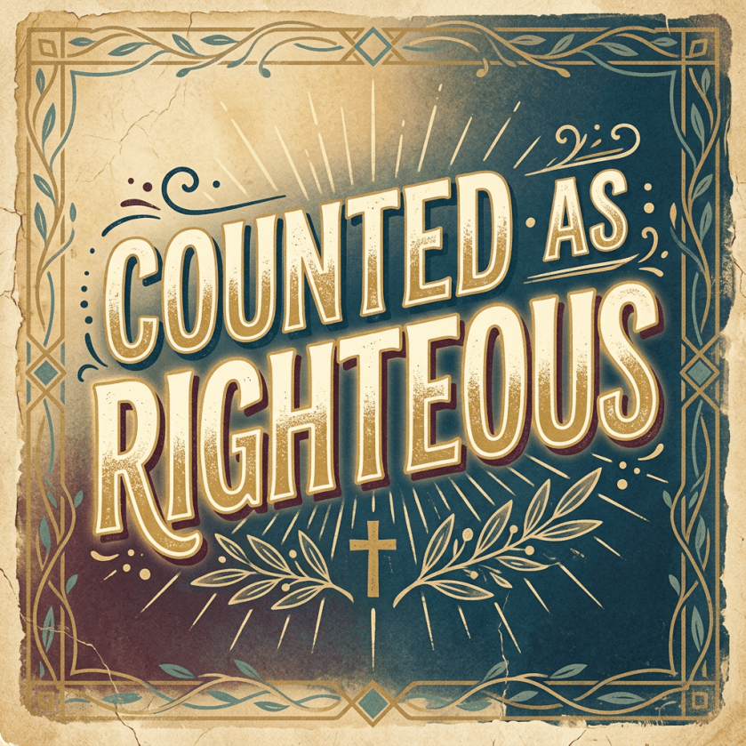 Vintage poster with text reading “COUNTED AS RIGHTEOUS” and a cross