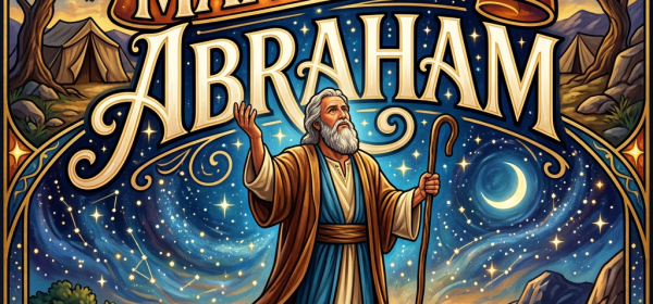 Poster reading “MAN OF FAITH ABRAHAM” with Abraham beneath a starry sky