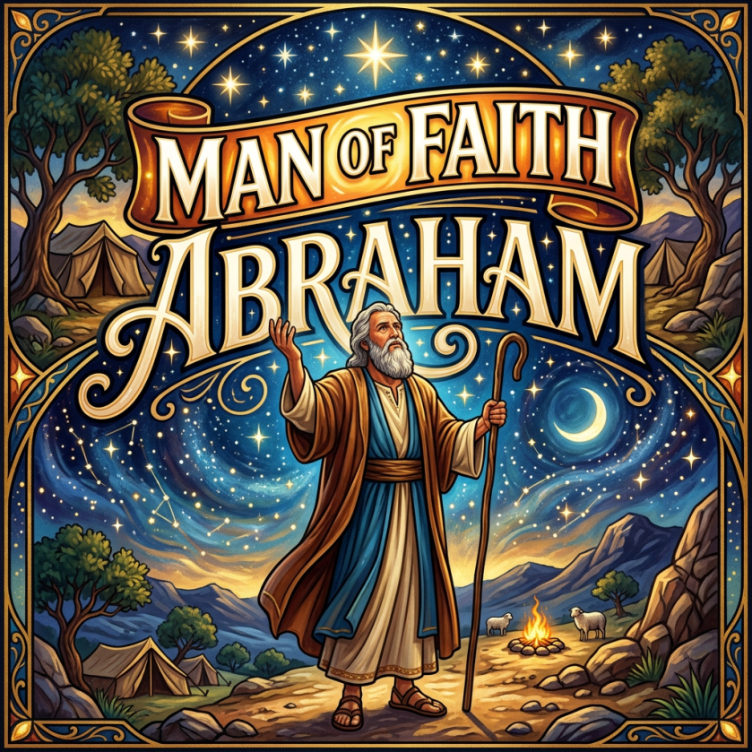 Poster reading “MAN OF FAITH ABRAHAM” with Abraham beneath a starry sky