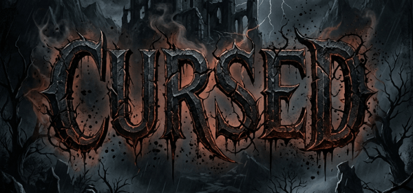The word “CURSED” over a haunted castle, lightning, and crescent moon