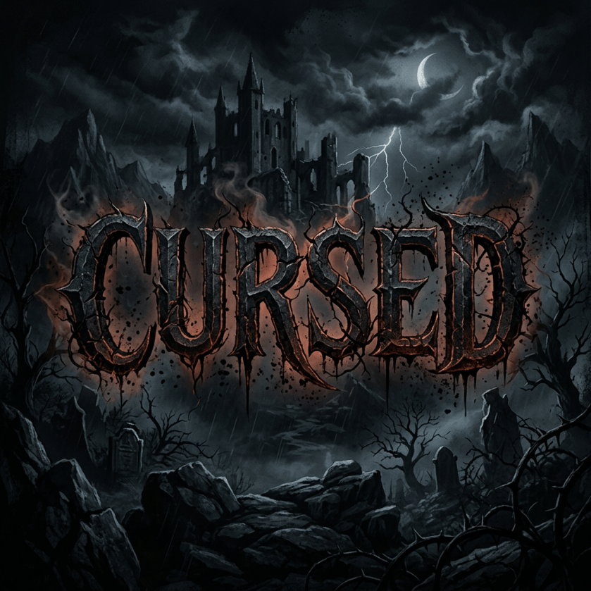 The word “CURSED” over a haunted castle, lightning, and crescent moon