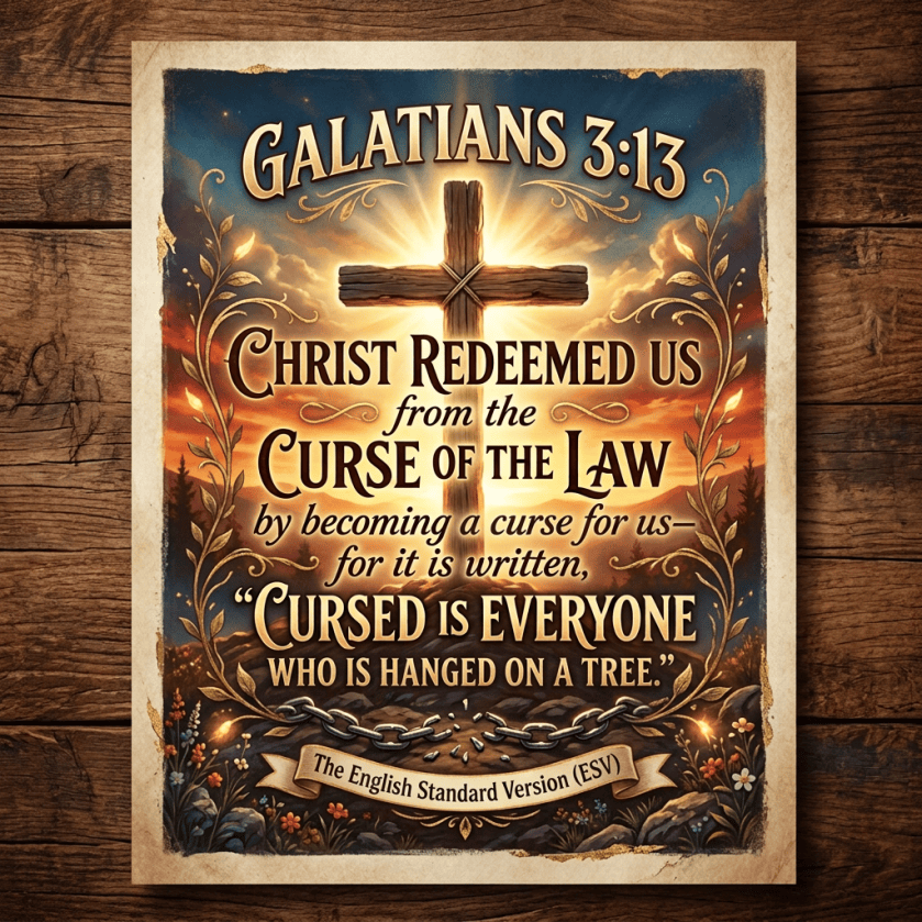 Poster text: GALATIANS 3:13; CHRIST REDEEMED US from the CURSE OF THE LAW by becoming a curse for us, for it is written: “CURSED IS EVERYONE WHO IS HUNG ON A POLE.” The New International Version (NIV).