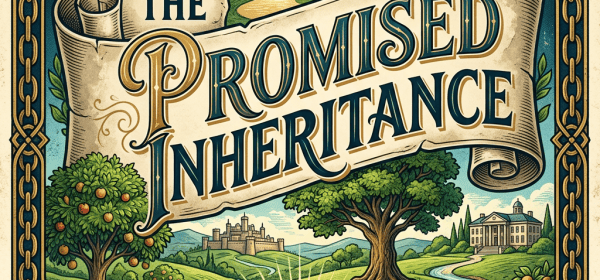 The Promised Inheritance illustrated emblem with crown, scroll, landscape, and open book