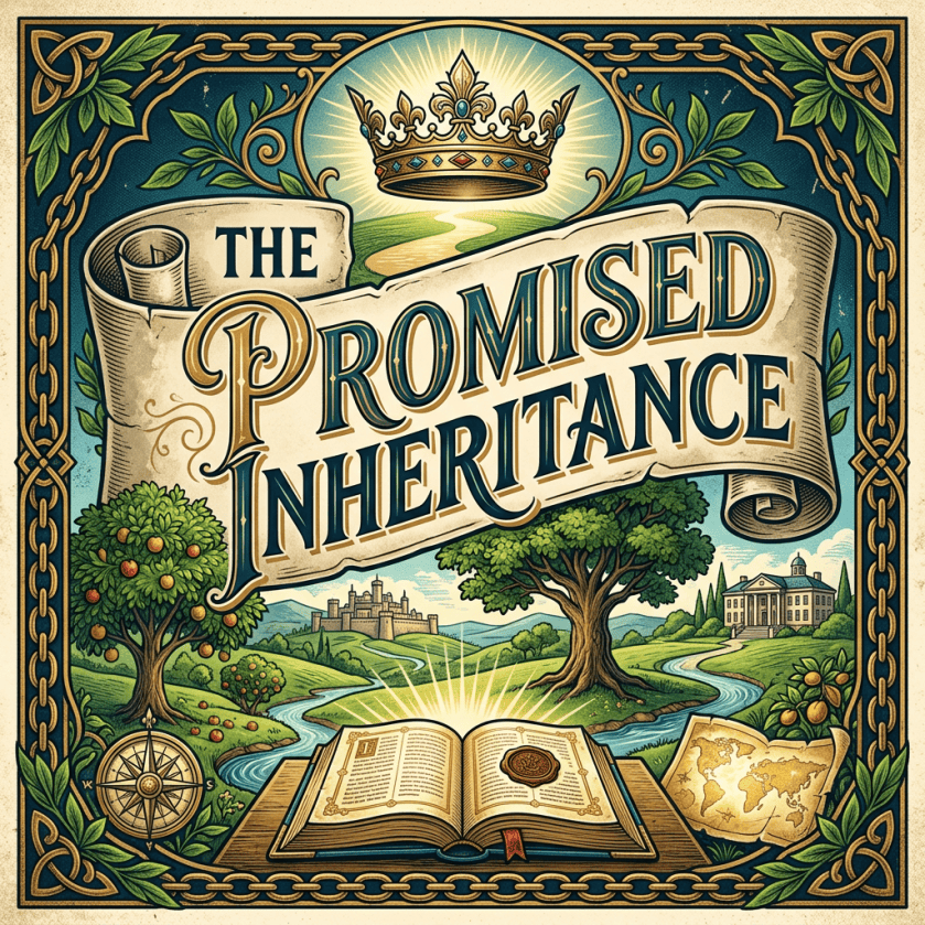 The Promised Inheritance illustrated emblem with crown, scroll, landscape, and open book