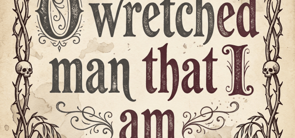 Typography reading “O wretched man that I am” inside a thorny skull border