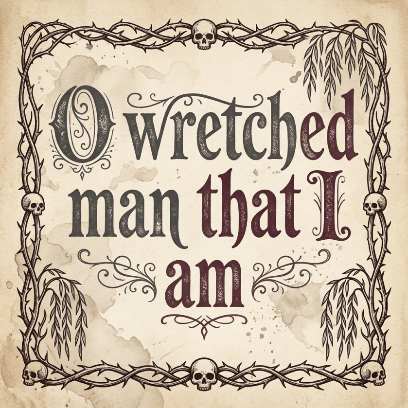 Typography reading “O wretched man that I am” inside a thorny skull border