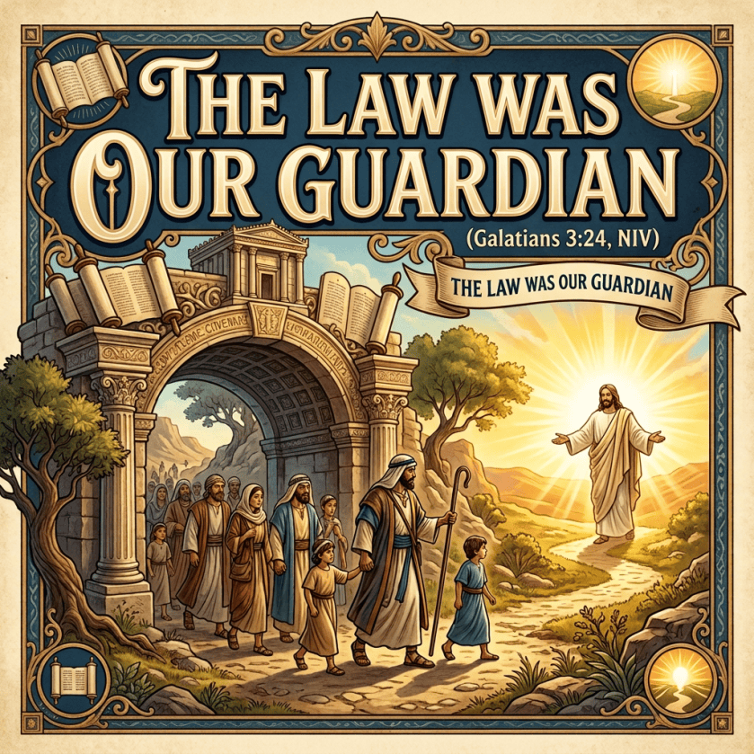 The Law Was Our Guardian, Galatians 3:24 NIV, with travelers approaching Jesus