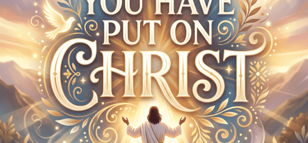 Artwork reading “YOU HAVE PUT ON CHRIST” with a robed figure, cross, and doves