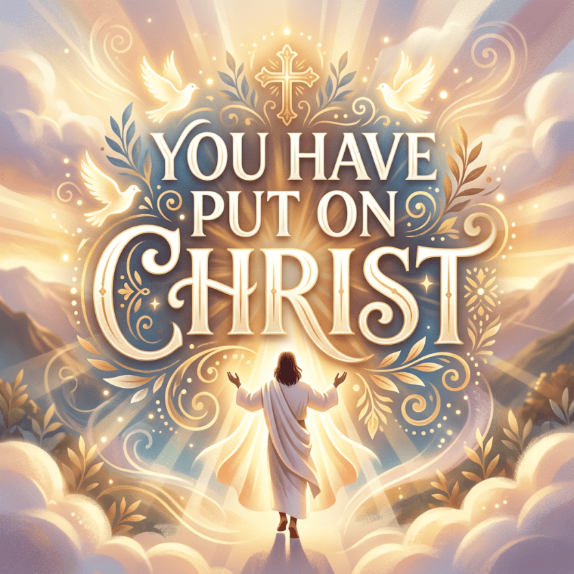 Artwork reading “YOU HAVE PUT ON CHRIST” with a robed figure, cross, and doves